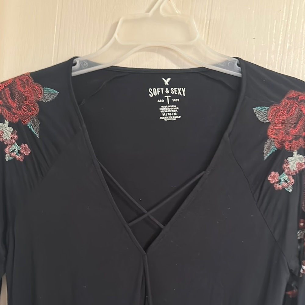 American Eagle Outfitters Black Wrap Blouse 3/4 Sleeve - Picture 8 of 15